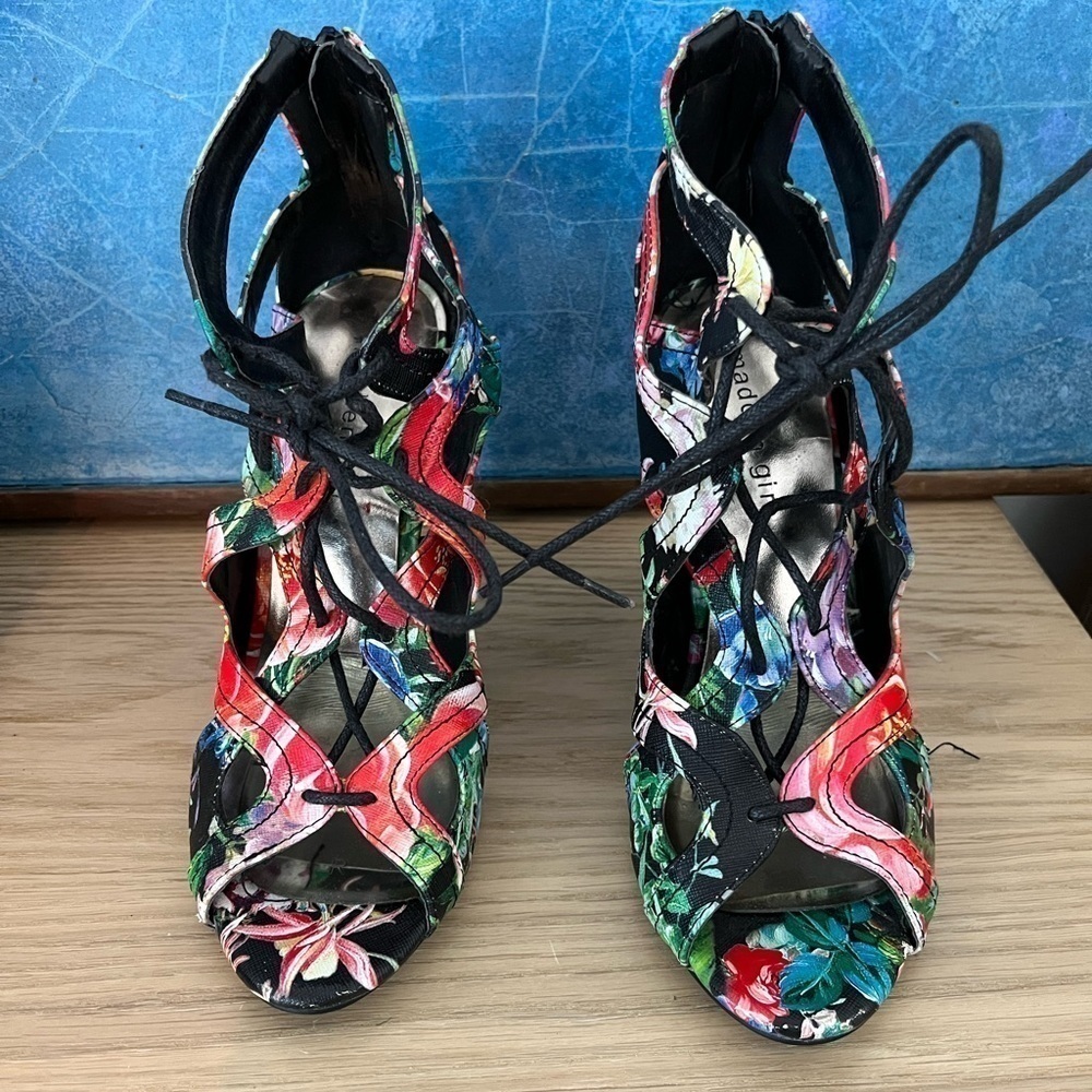 NWOT Madden Girl Women's Multicolor Floral Lace Up Zip Open Toe Stiletto Heel